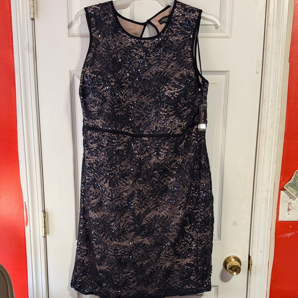 R&M Richards Embellished Sequins Navy Nude Mini Dress Sz 18w Nwt - Picture 2 of 9